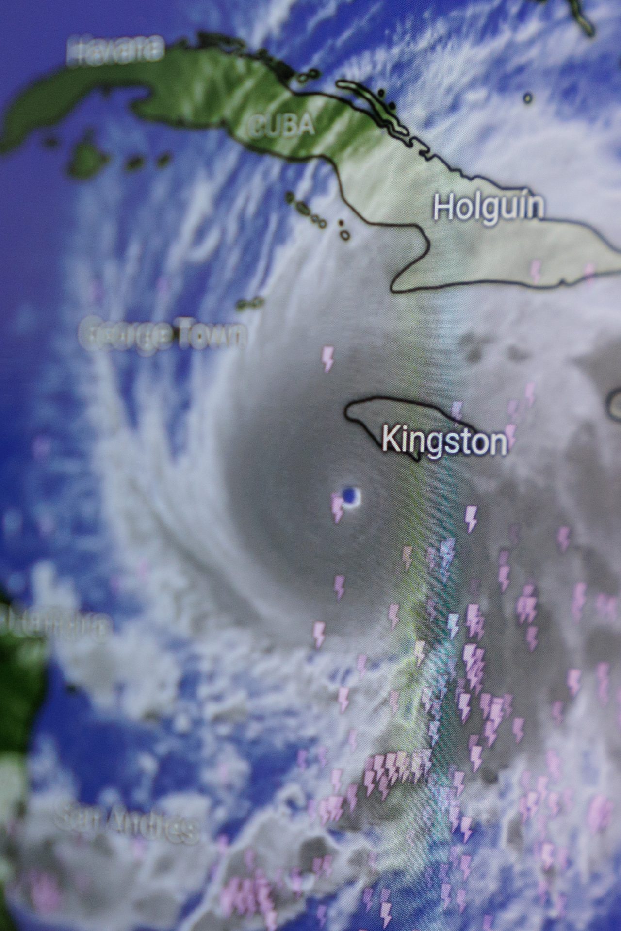 Hurricane Melissa shown on screen through windy app. Catastrophic storm towards Jamaica